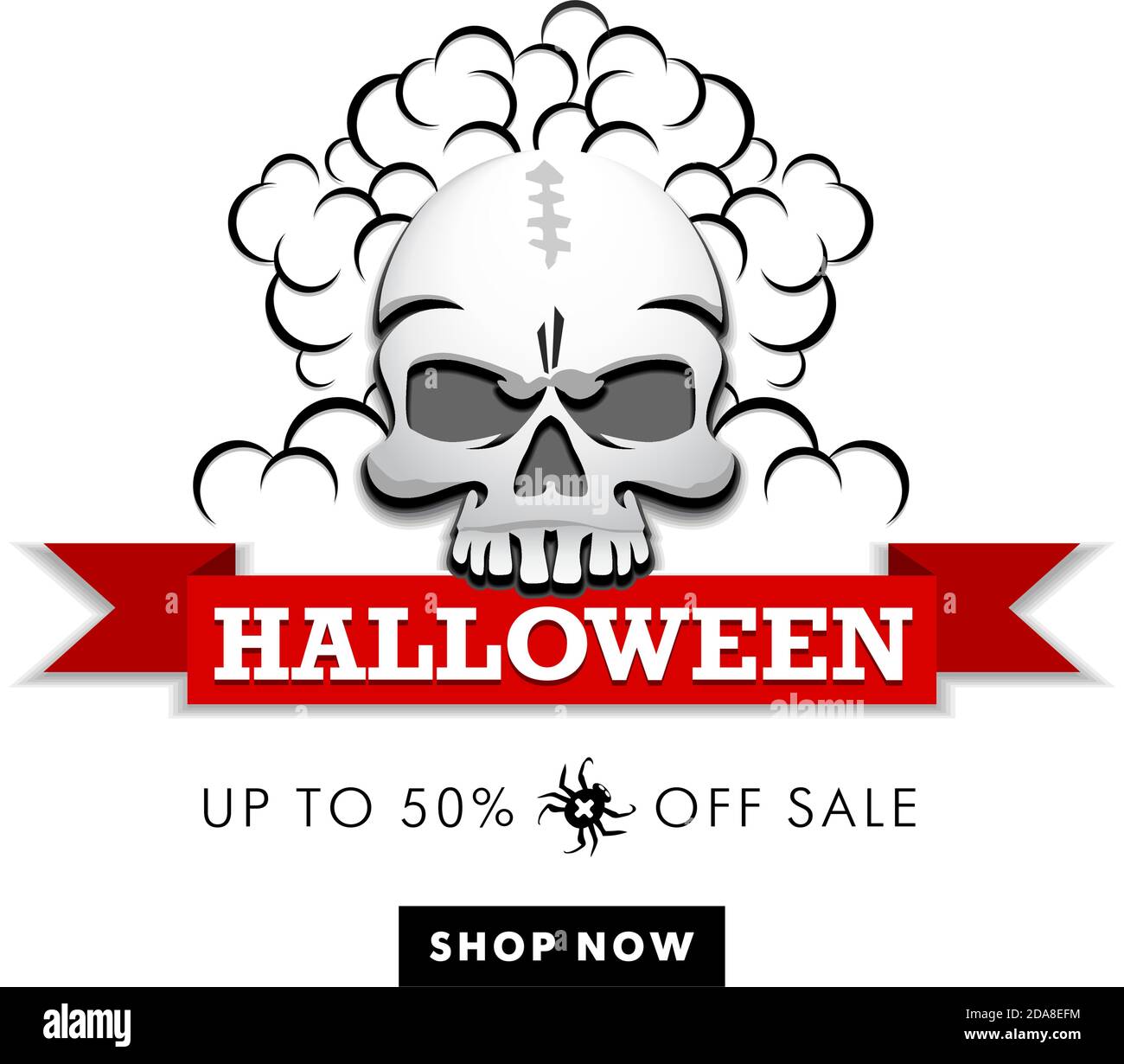 Halloween Sale - Human skull holding banner in his teeth. Buy 50% off shop now. Illustration, web icon, vector Stock Vector
