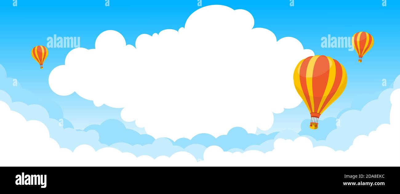 Flat balloons in the blue sky with clouds. Vector banner with place to copy text in the form of a cloud Stock Vector