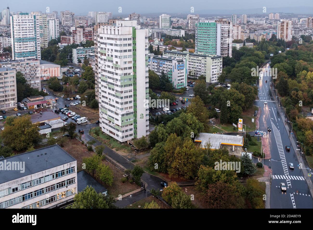 Bird eye view of the comunist era residental blocks in complex Zornitza, Burgas,Bulgaria Stock Photo
