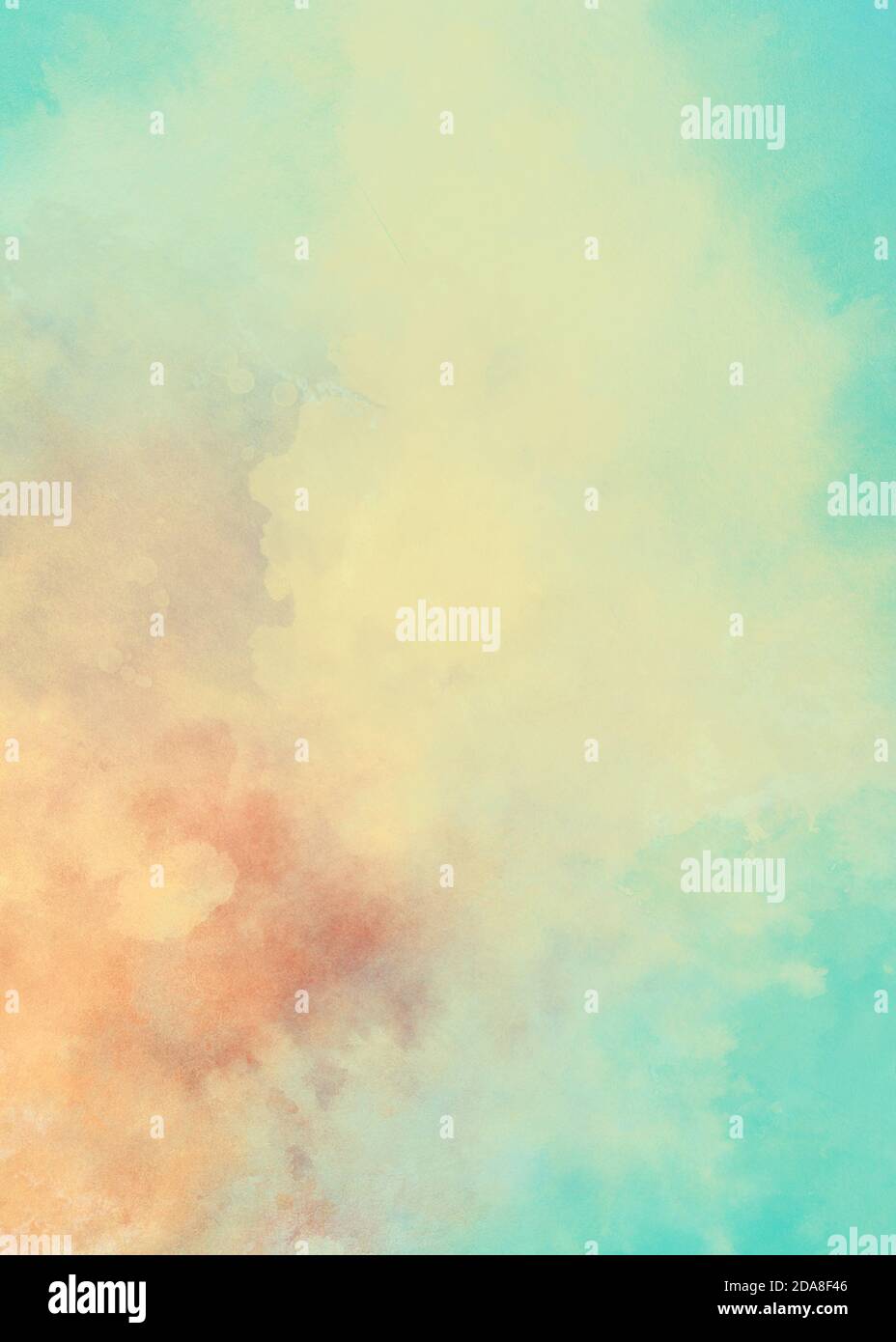 Blue white and orange watercolor background illustration in soft pastel colors and abstract blotches and paint spatter design Stock Photo