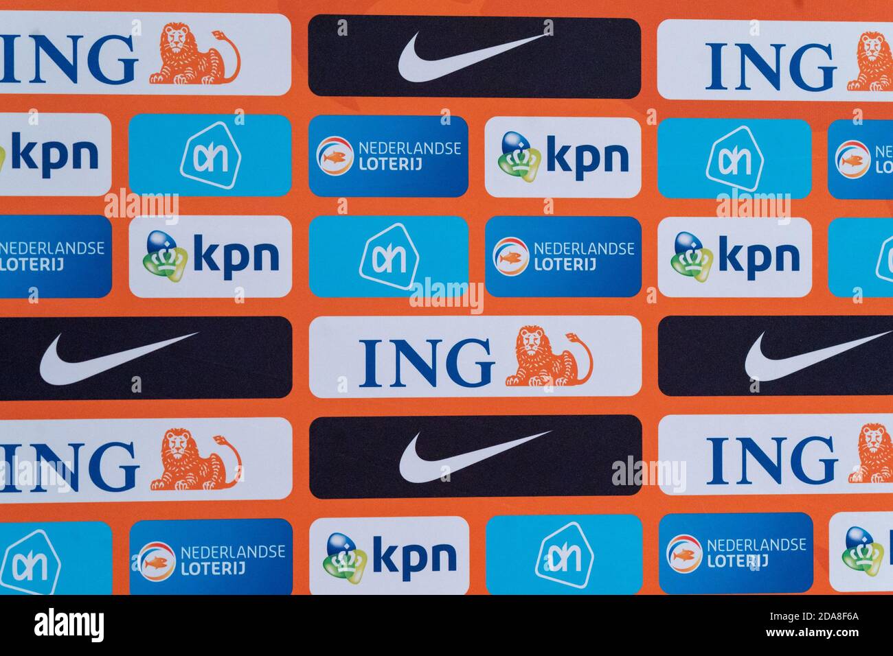 ZEIST, NETHERLANDS - NOVEMBER 10: Commercial Banners / background / panel /  ING, KPN, AH, Nike, Nederlandse Loterij during the press conference of The  Netherlands prior to the match against Spain at