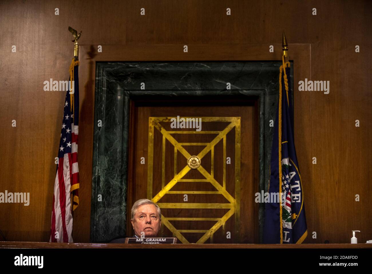 Washington, Dc, USA. 10th Nov, 2020. WASHINGTON, DC - NOVEMBER 10, 2020: U.S. Senator Lindsey Graham, Chairman of the oversight committee, during the Crossfire Hurricane hearing while interviewing former FBI Deputy Director Andrew McCabe who appeared remotely. (Photo by Jason Andrew/Pool/Sipa USA) Credit: Sipa USA/Alamy Live News Stock Photo