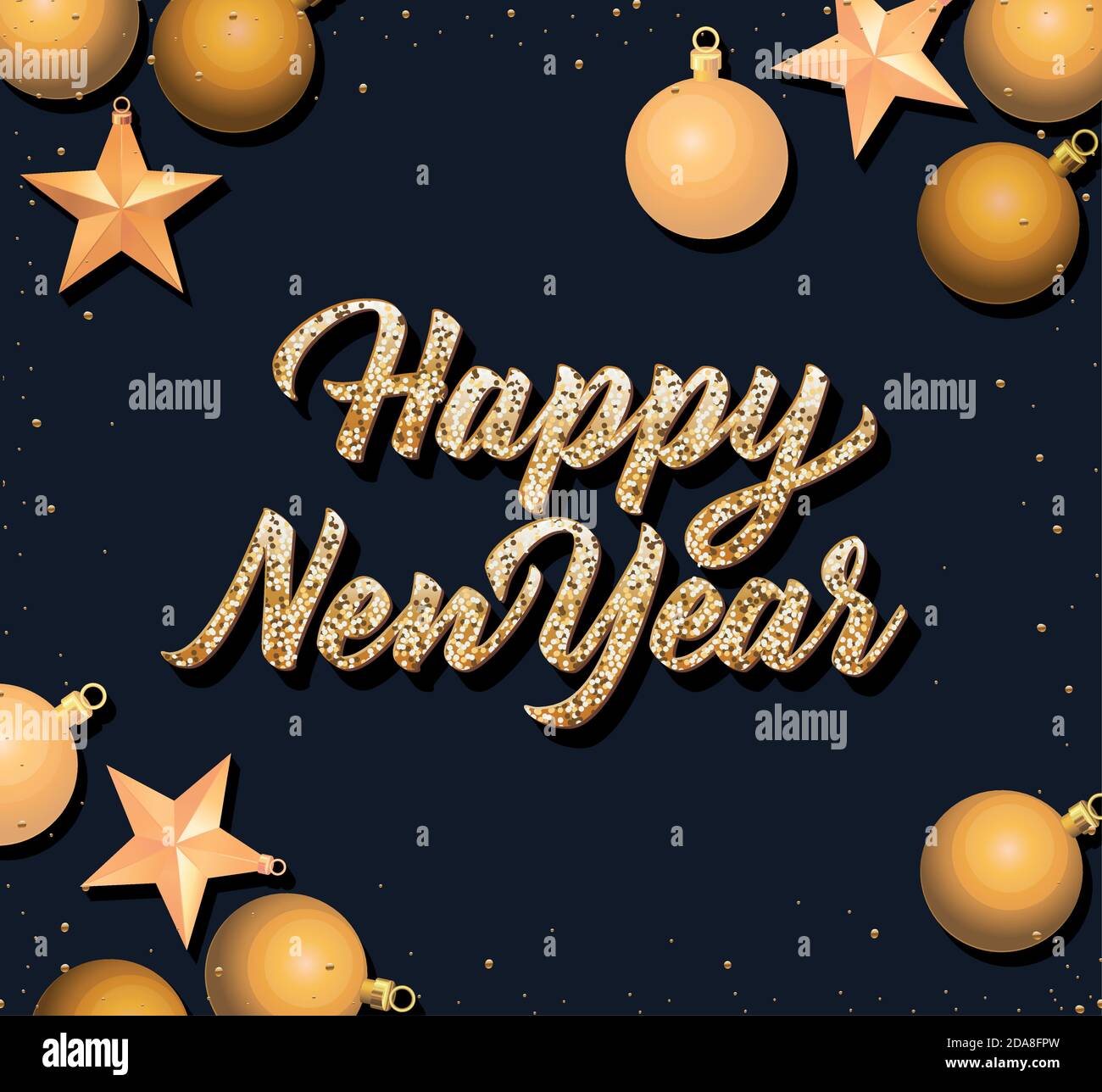 happy new year lettering with stars and balls decoration in black ...