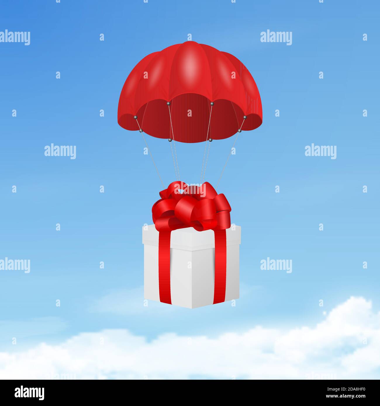 Vector 3d Realistic Red Flying Parachute with Paper Gift Boxe on Blue Sky Background. Design Template for Delivery Services, Post, E-Commerce, Web Stock Vector