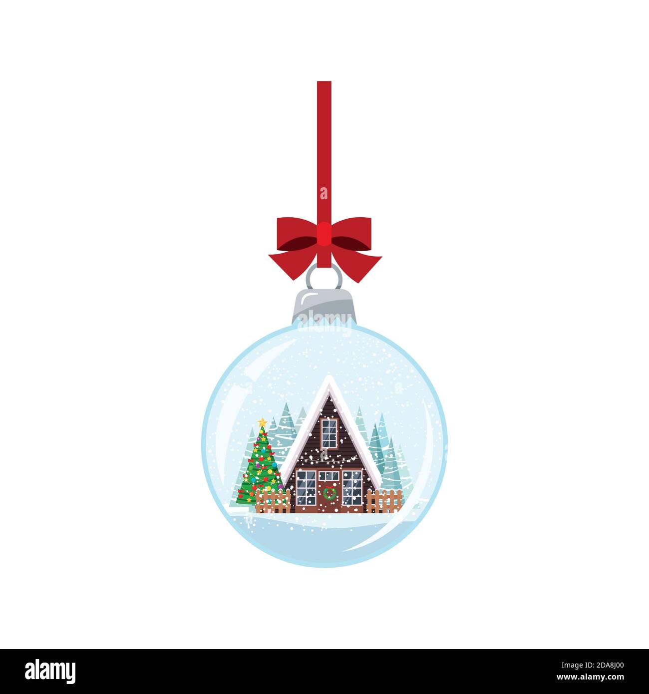 Christmas ball with decorated house and xmas tree isolated on white background. Stock Vector