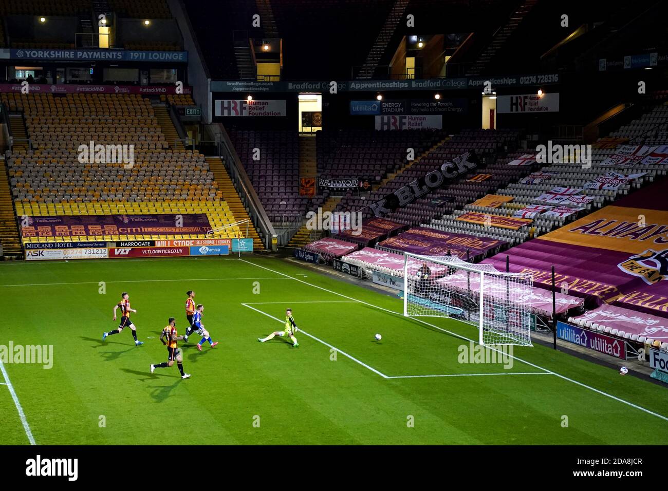 Oldham’s Davis Keillor-Dunn scores his sides first goal of the game during the Papa John's Trophy Group F match at the Utilita Energy Stadium, Bradford. Stock Photo