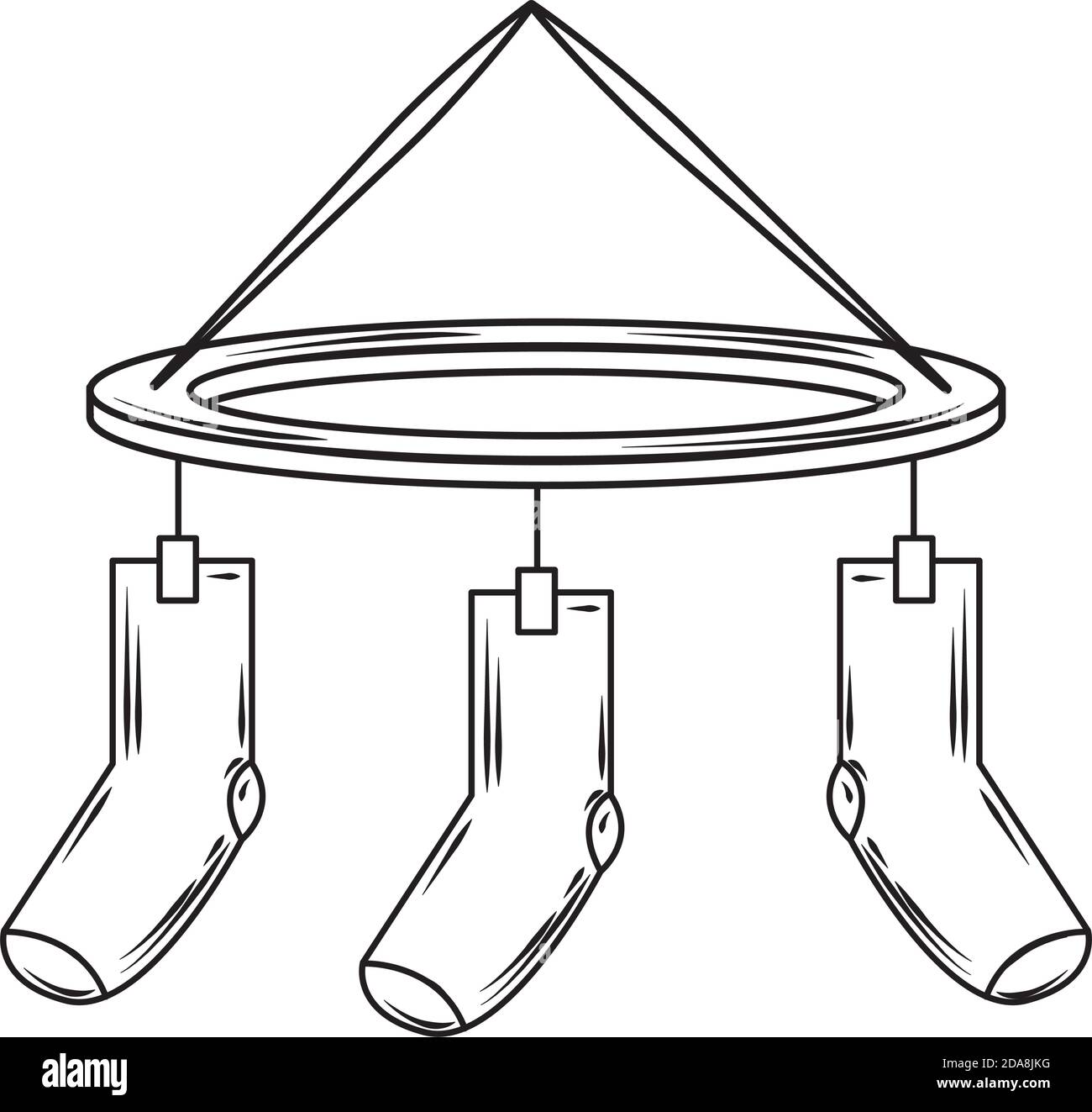 laundry, hanging socks in round hanger vector illustration line style