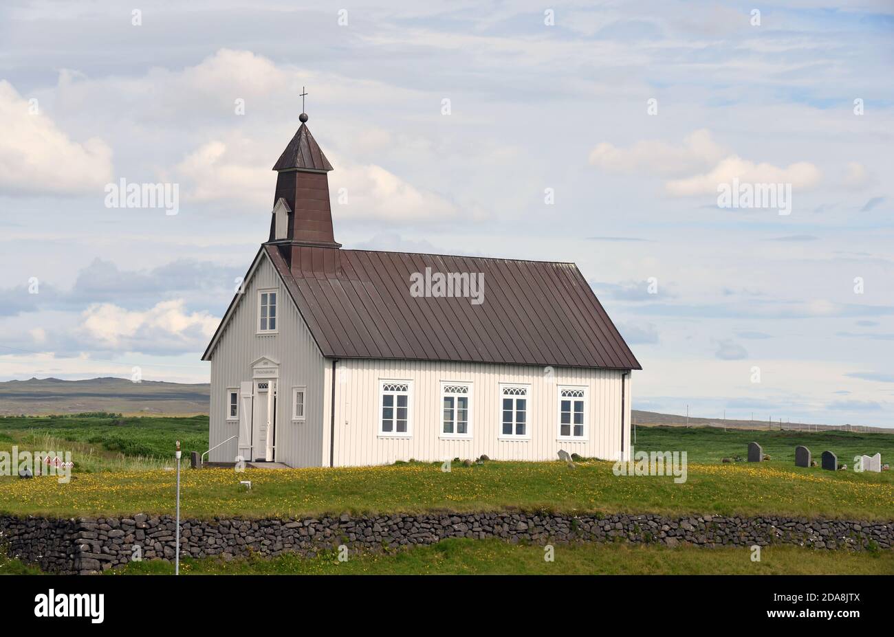 A church stands out on a clear summer day at Grindavík in Iceland Stock Photo