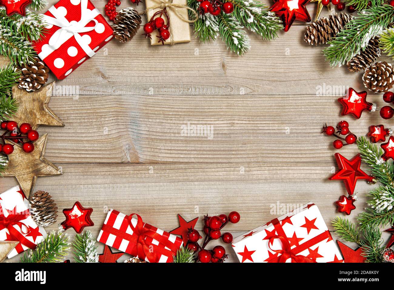 Christmas ornaments, gift boxes and decorations. Holidays background Stock Photo