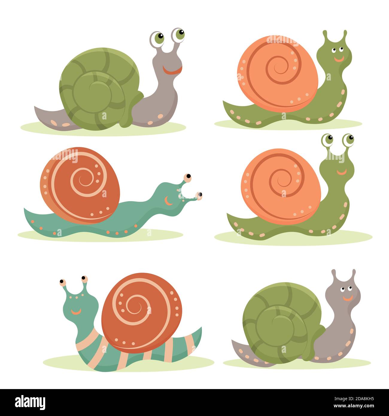 Set cute snail cartoon, isolated on white background. Vector flat