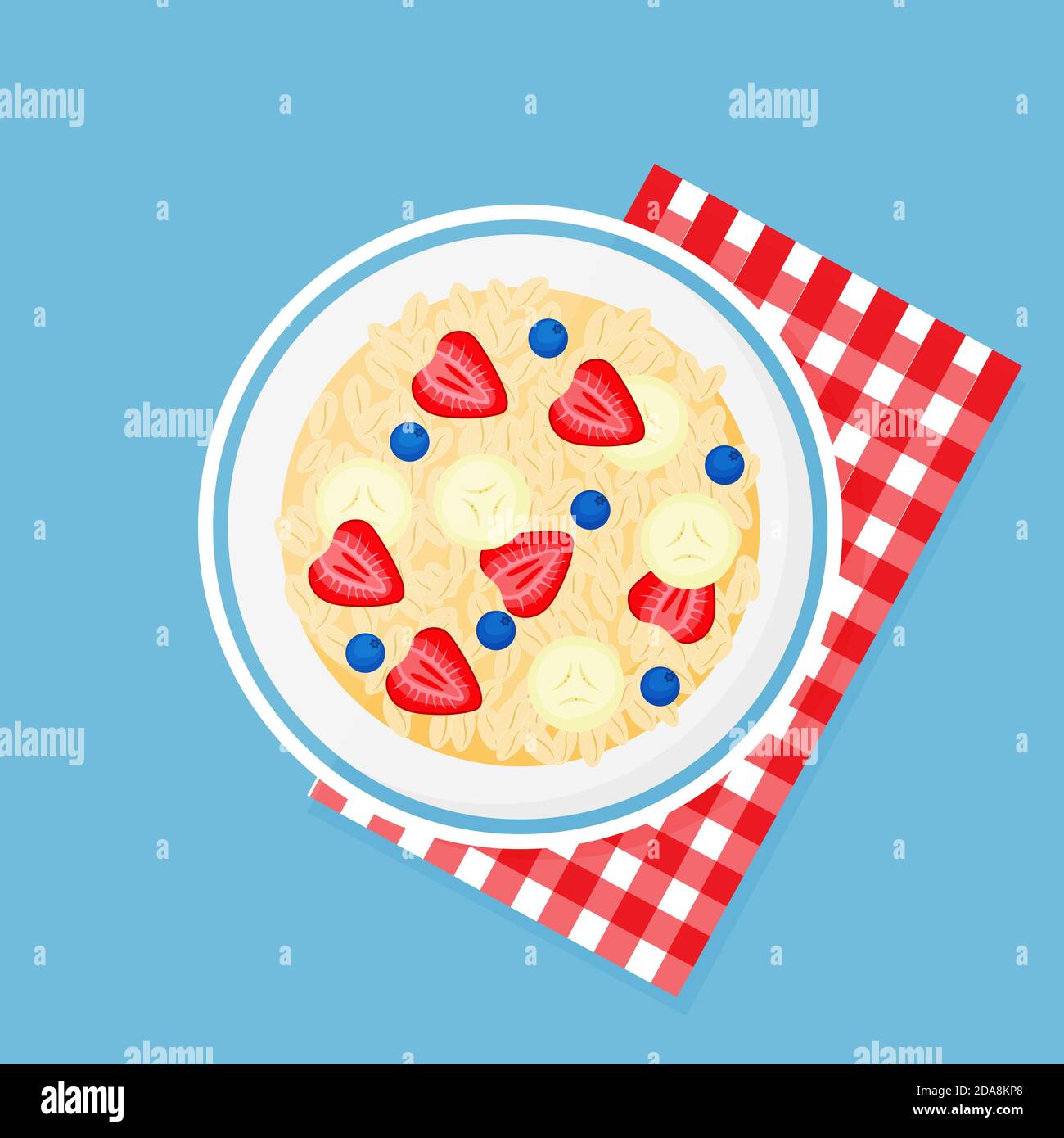 Granola, banana, strawberries, blueberries in bowl on a red checkered napkin. Muesli fruits healthy natural breakfast. Healthy food, oat flakes Stock Vector