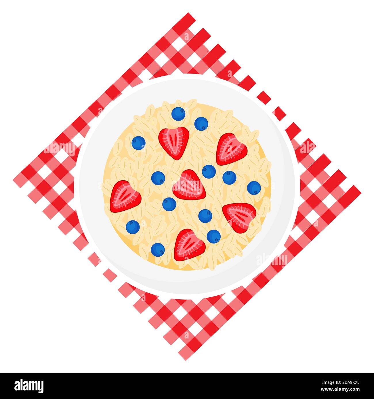 Granola, strawberries, blueberries in bowl on a red checkered napkin. Muesli fruits healthy natural breakfast. Healthy food, oat flakes, vector Stock Vector