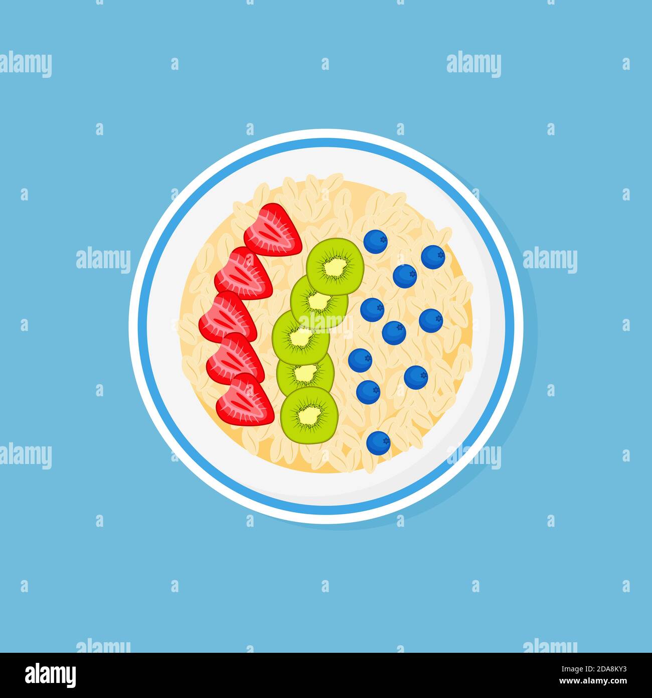 Granola, strawberries, blueberries, kiwi in bowl on blue background Muesli fruits healthy natural breakfast. Healthy food, oat flakes, vector cartoon Stock Vector