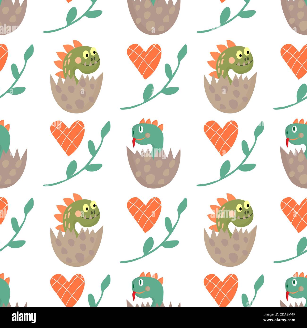 Seamless pattern with cute dinosaurs with hearts and leaves on white ...