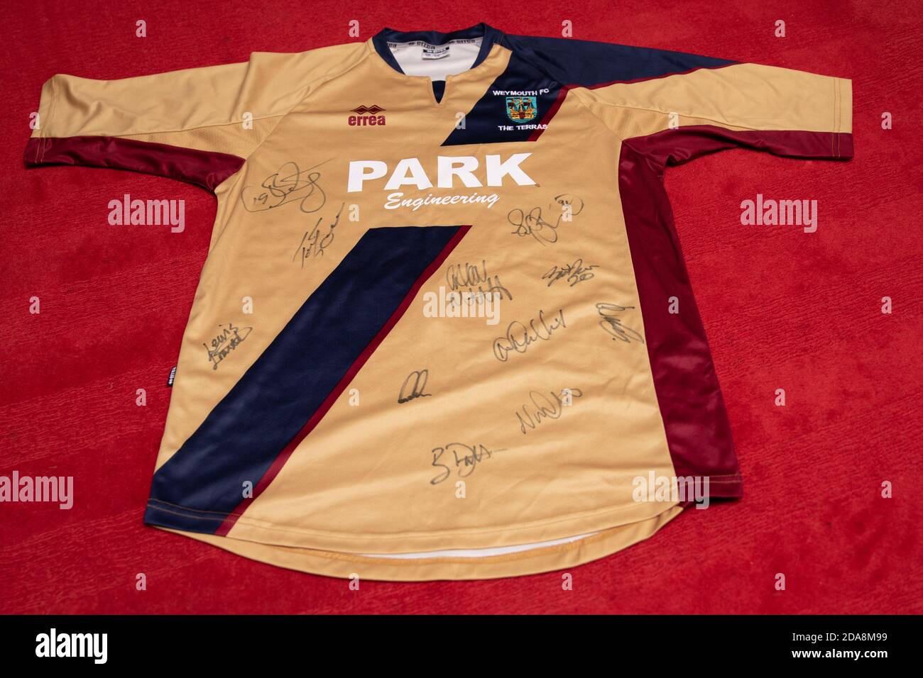 A detailed view of the Altrincham shirt sponsor Football Against News  Photo - Getty Images