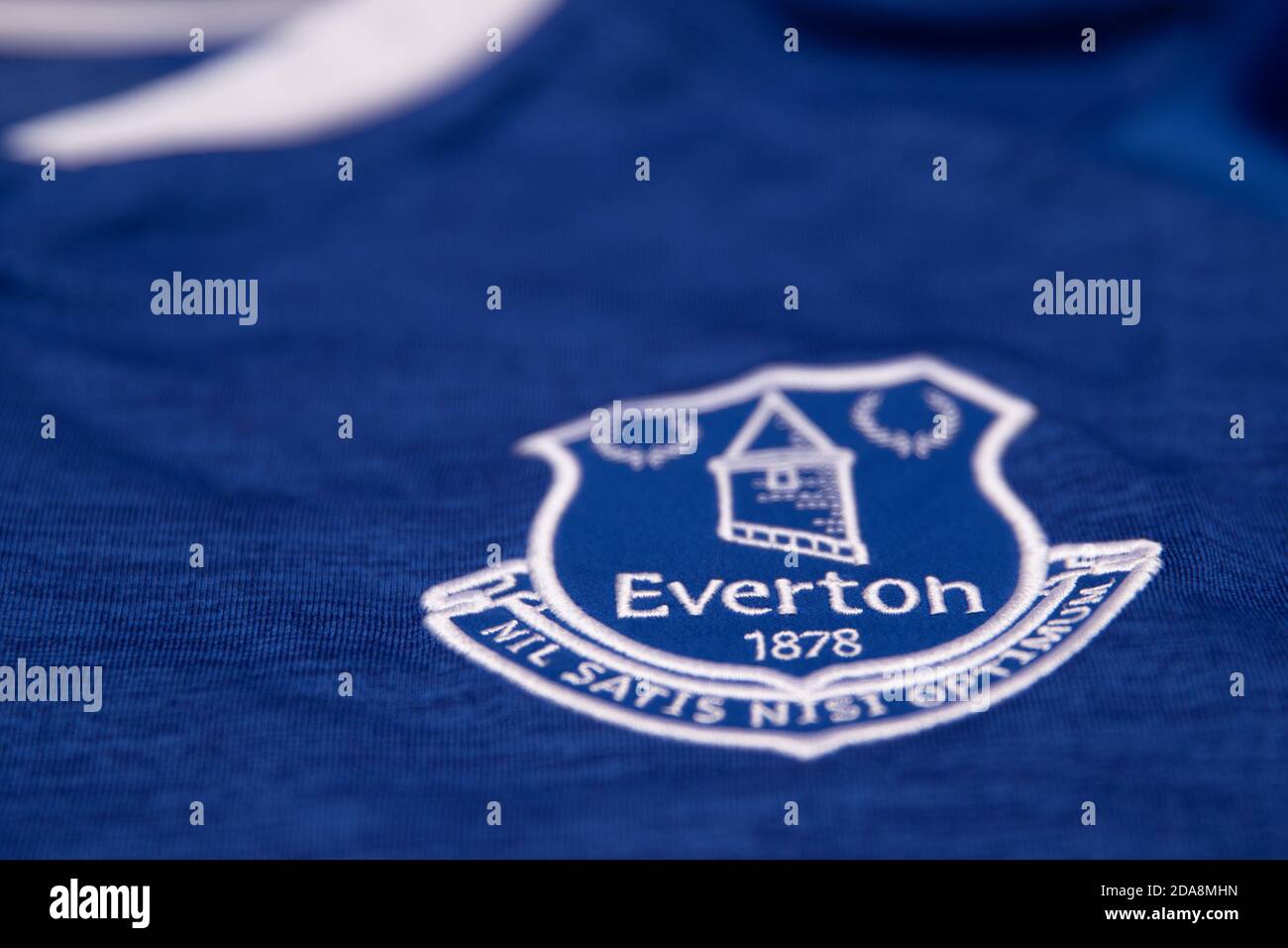 Everton badge on the front of a replica 2018 - 2019 home shirt Stock Photo