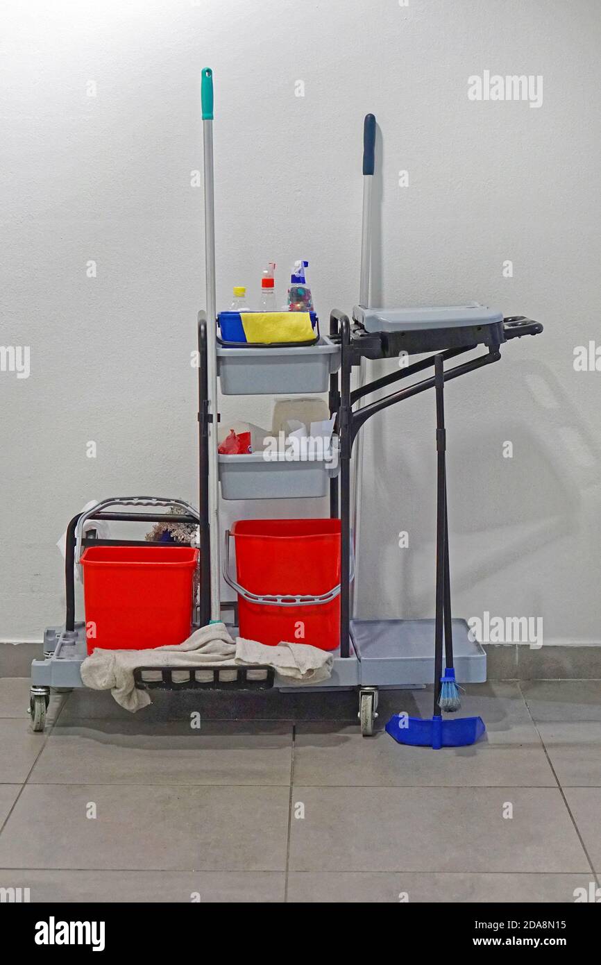 Janitorial Cart Commercial Cleaning Equipment Storage Stock Photo