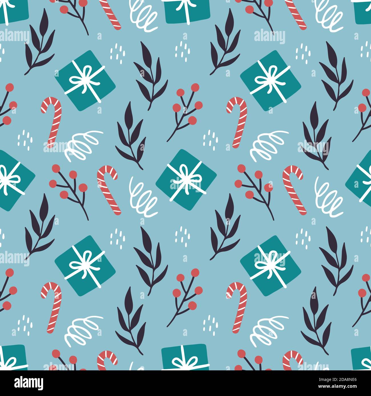 Christmas elements seamless pattern with gift box, floral, candy. Hand ...