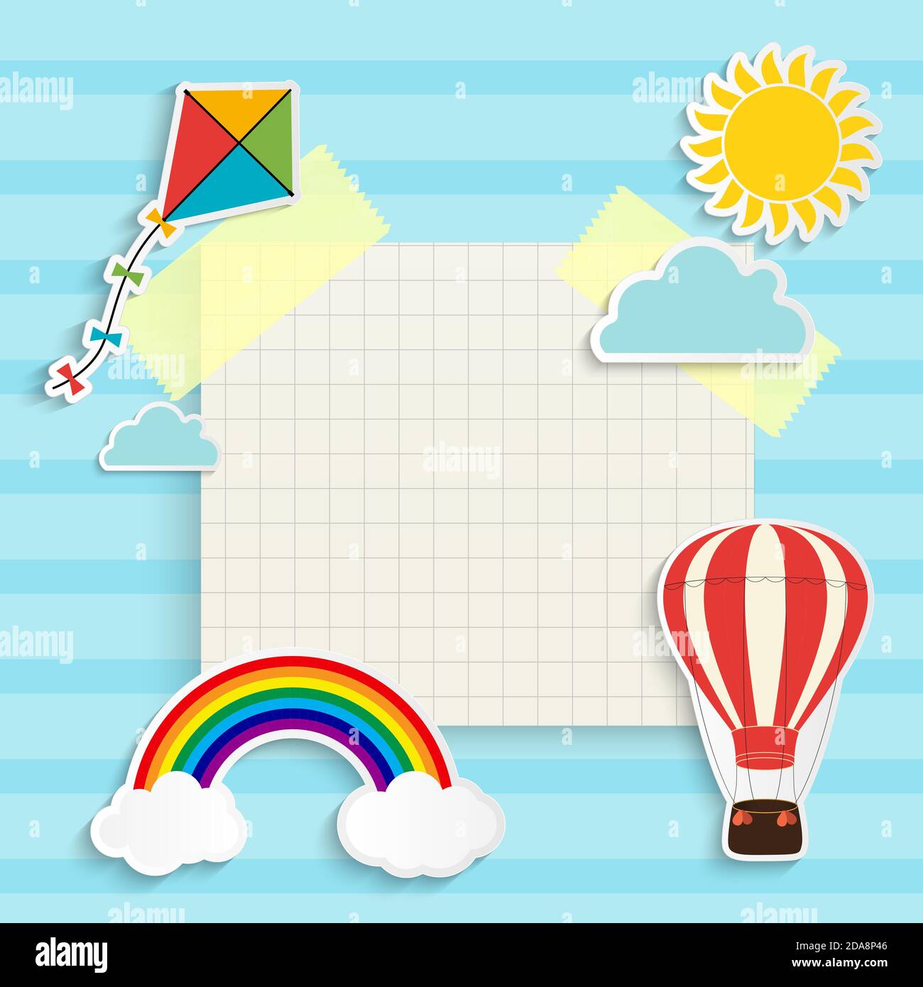 Child background with rainbow, sun, cloud, kite and balloon. Place for text. Illustration Stock Photo