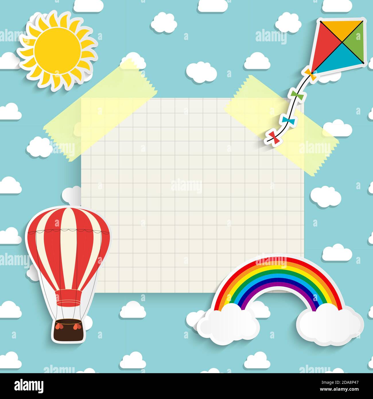 Child background with rainbow, sun, cloud, kite and balloon. Place for text. Illustration Stock Photo