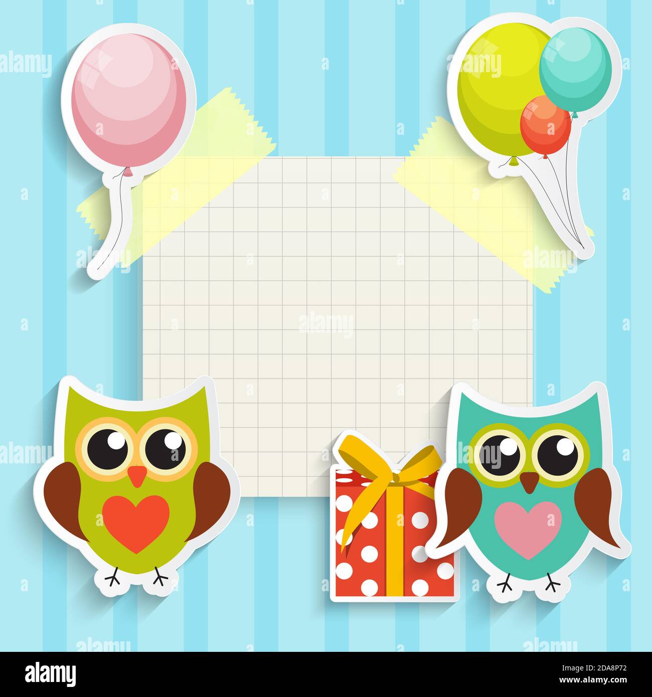 Cute Owl Happy Birthday Background with Gift Box, Balloons and Place ...