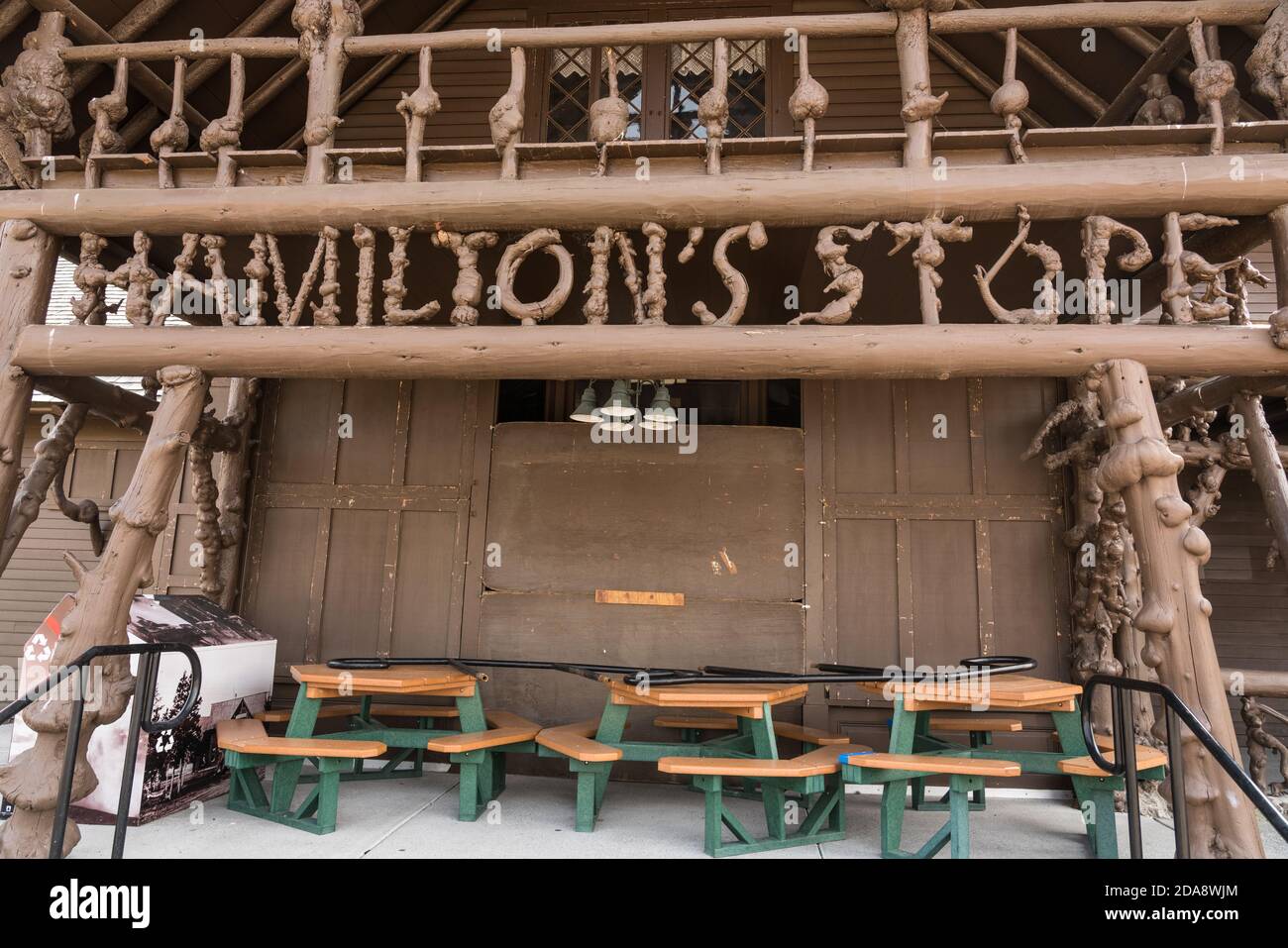 The lower Hamilton's Store is decorated with burled branches as