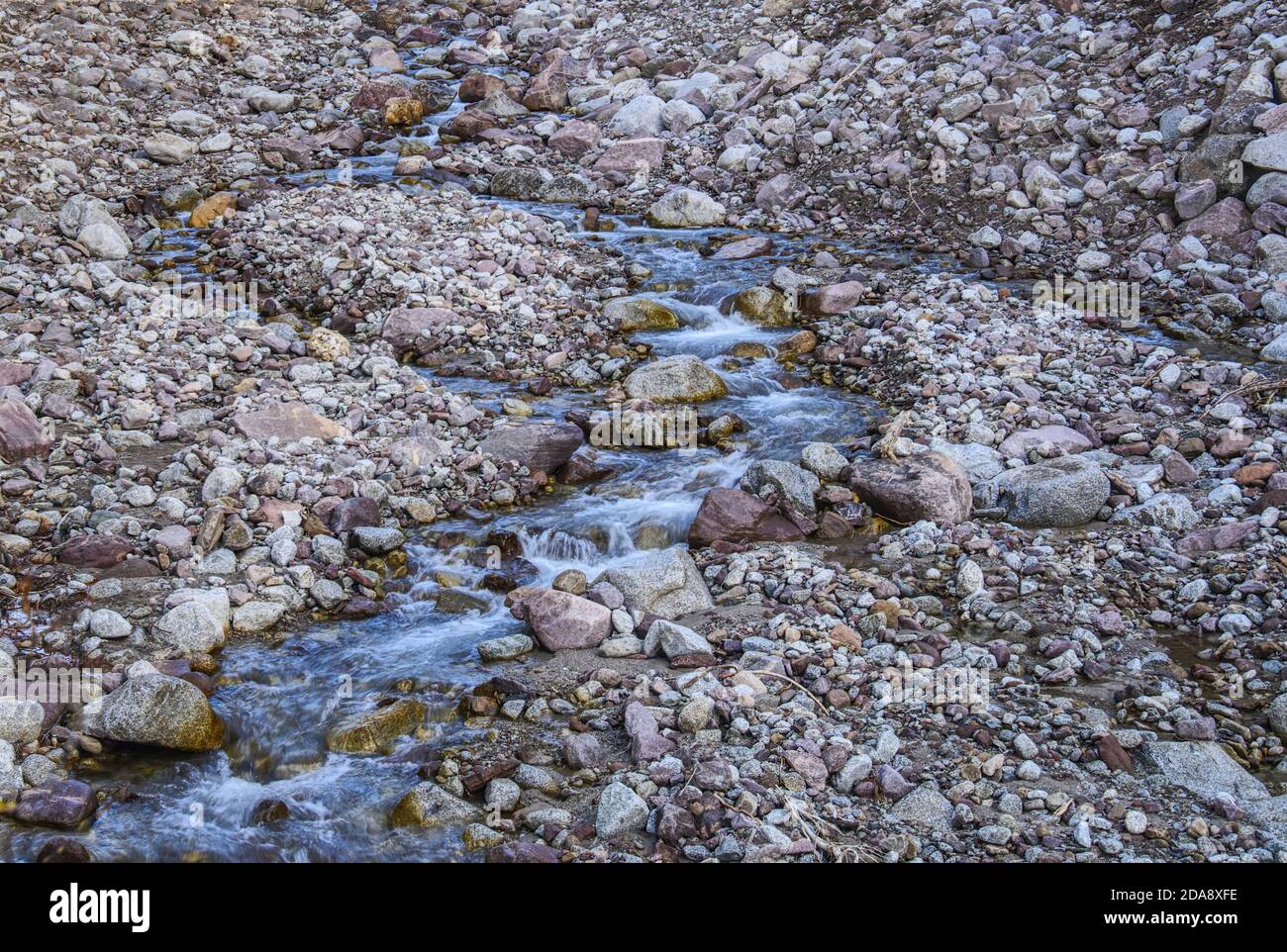 Colourful image of a small river, water flowing between the stones in Italian Alps. Stock Photo