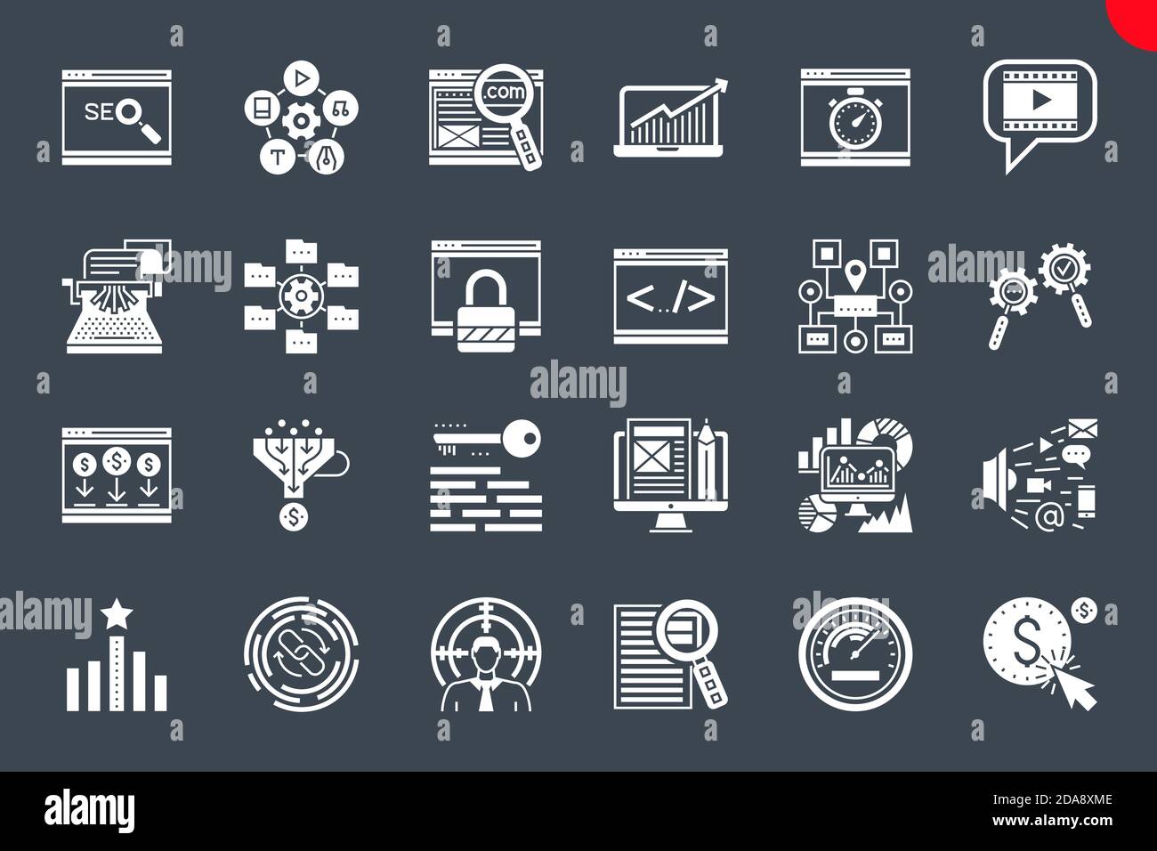 Seo Thin Line Related Icons Set on Black Background. Stock Vector