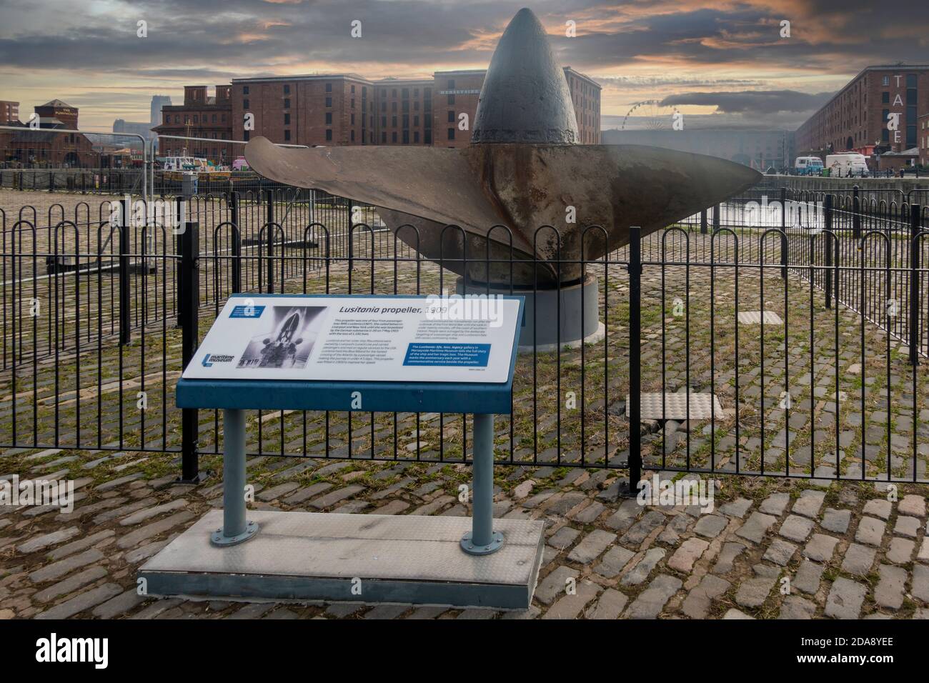 Propeller from the RMS Lusitania, Sunk by a German U-boat on 7 May 1915 on display in Liverpool docks area Stock Photo