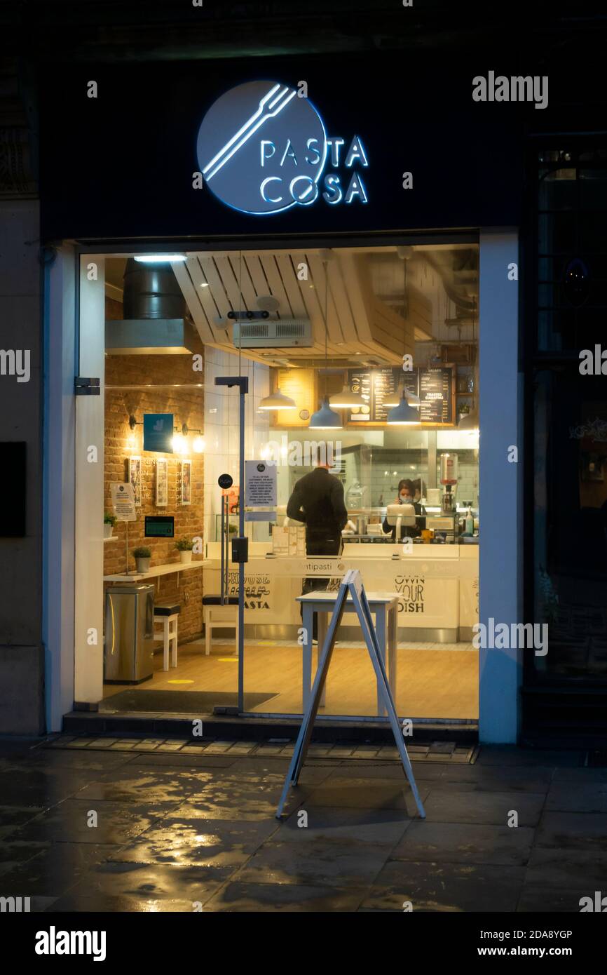 Pasta Cosa, an Italian restaurant on Castle Street open for takeaway during the 2020 pandemic lockdown in Liverpool, England UK Stock Photo