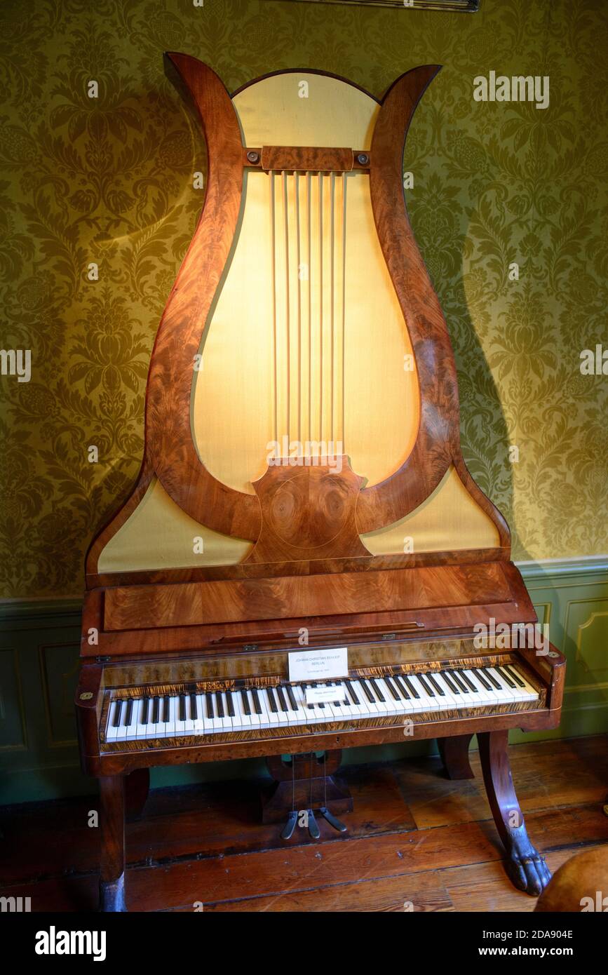 Johann Christian Schleip upright piano. Berlin. 1830. Part of the collection in Museum Geelvinck Hinlopen Huis. Home of Geelvinck family since 1687 Stock Photo
