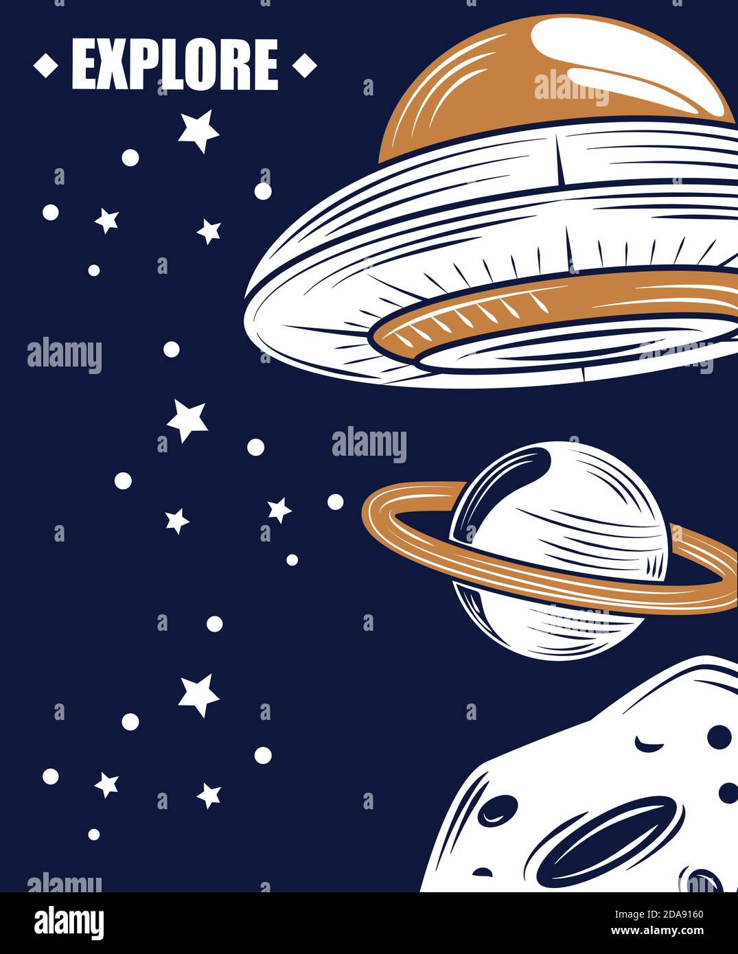 space galaxy explore moon planet and ufo badge vector illustration Stock Vector