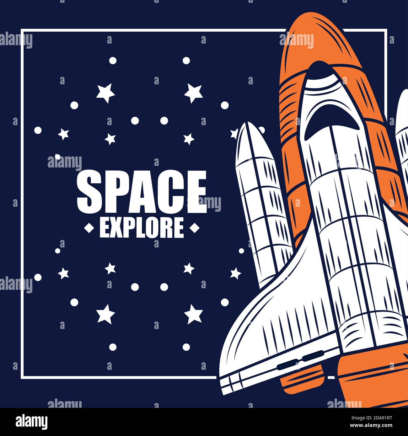 space explore spaceship starry blue background vector illustration Stock Vector