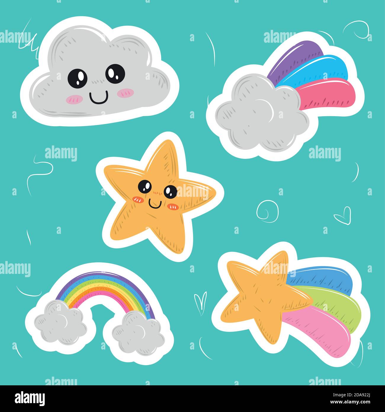 cute kawaii set icons stickers cloud star rainbow vector illustration ...