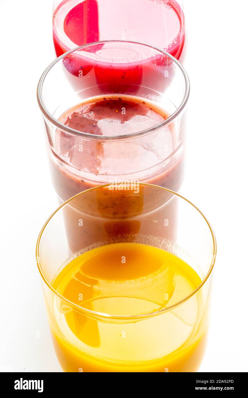Smoothies, puree juice of various fruits Stock Photo Alamy