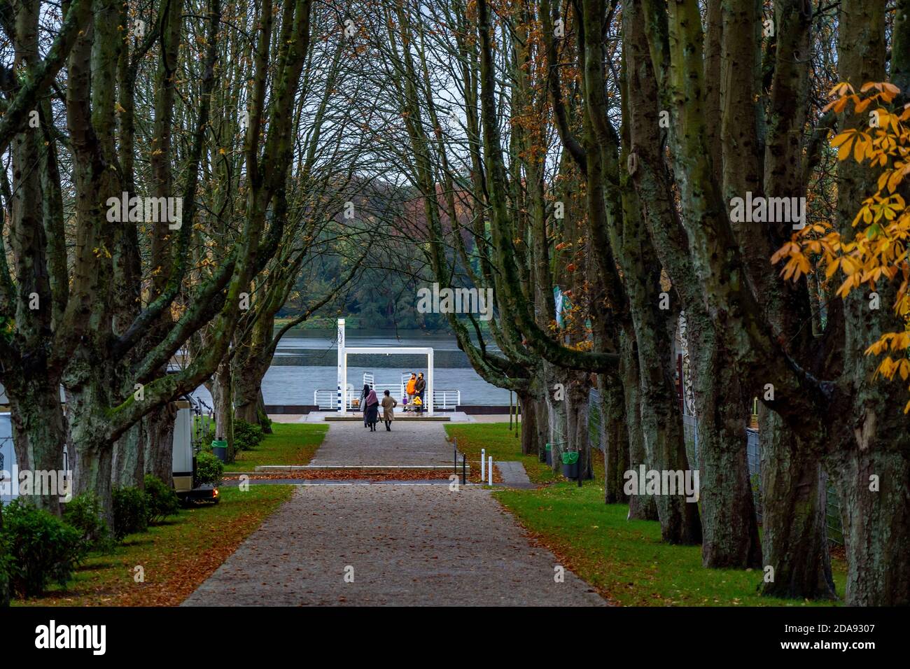 Lake Baldeney, in rainy autumn weather, a reservoir in the Ruhr, Baumallee to the Strandbad jetty, in Essen, NRW, Germany Stock Photo