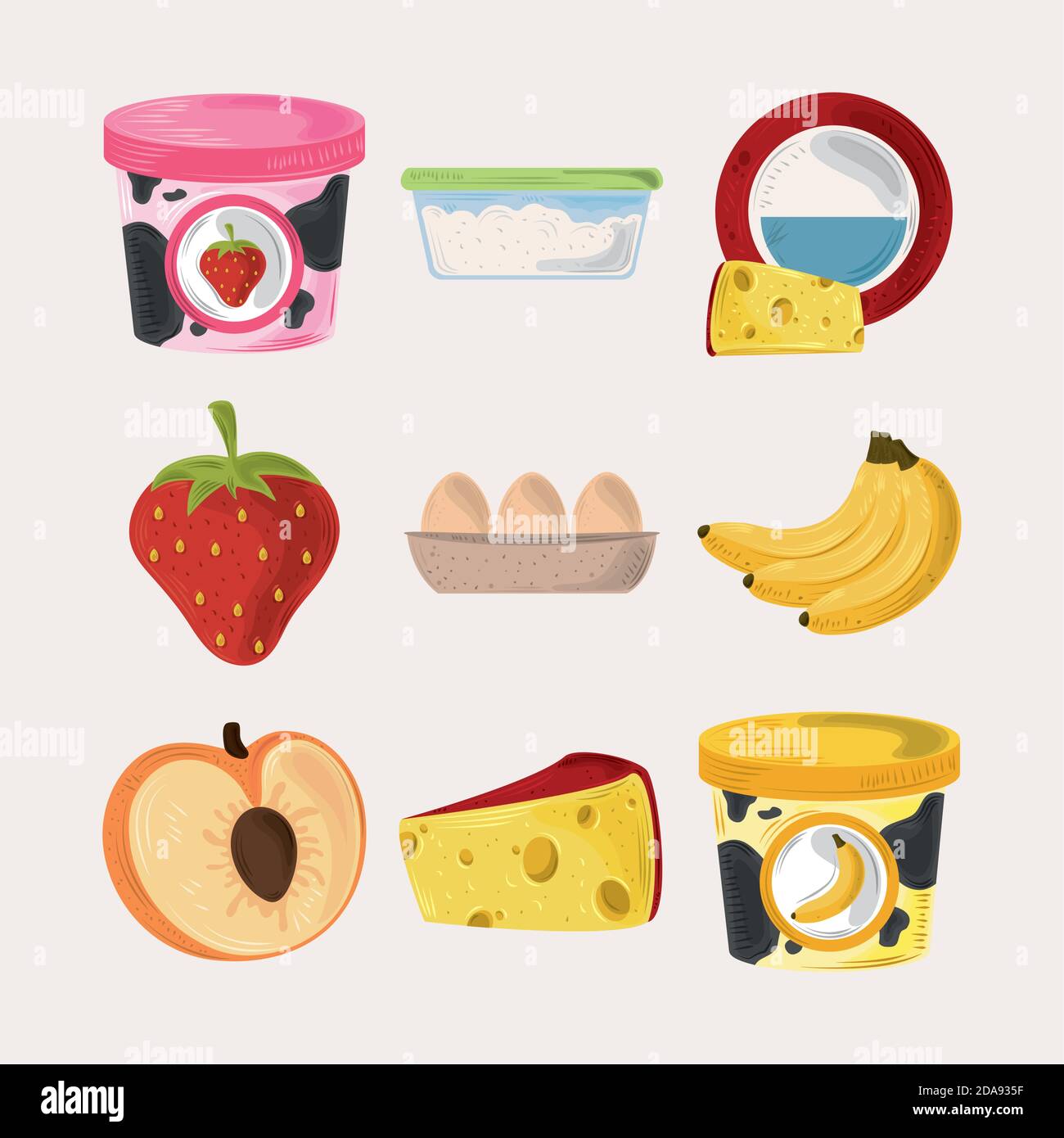 food icons set, yogurt fruits eggs and cheese fresh nutrition vector