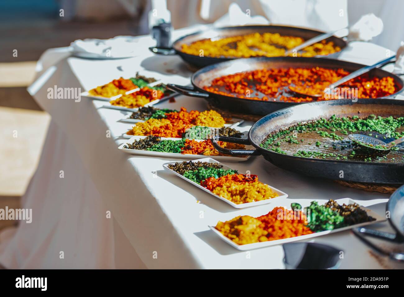 Tasting plate with various types of typical Valencian rice paellas
