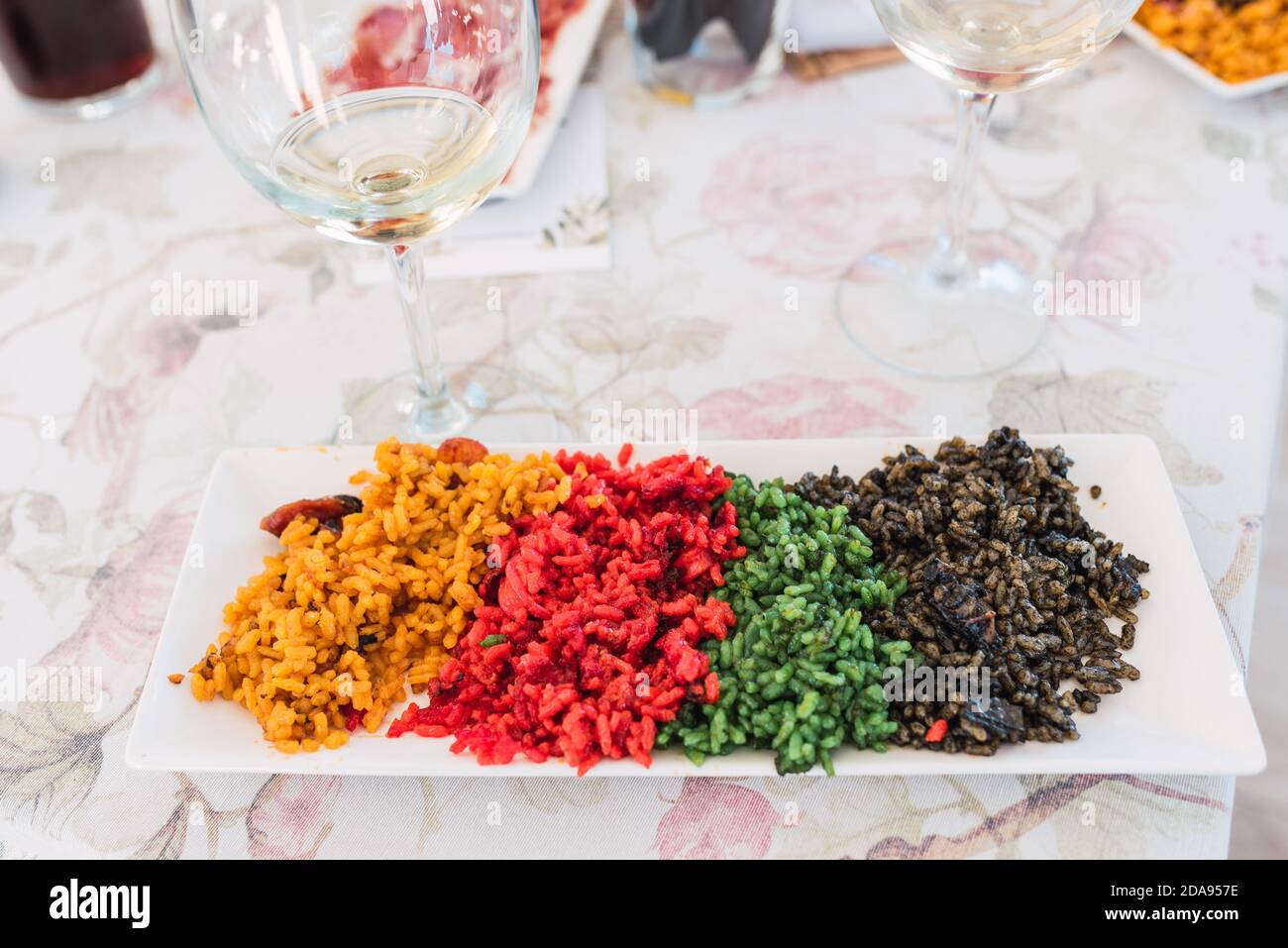 Detail of different types of special Valencian paellas, a typical rice