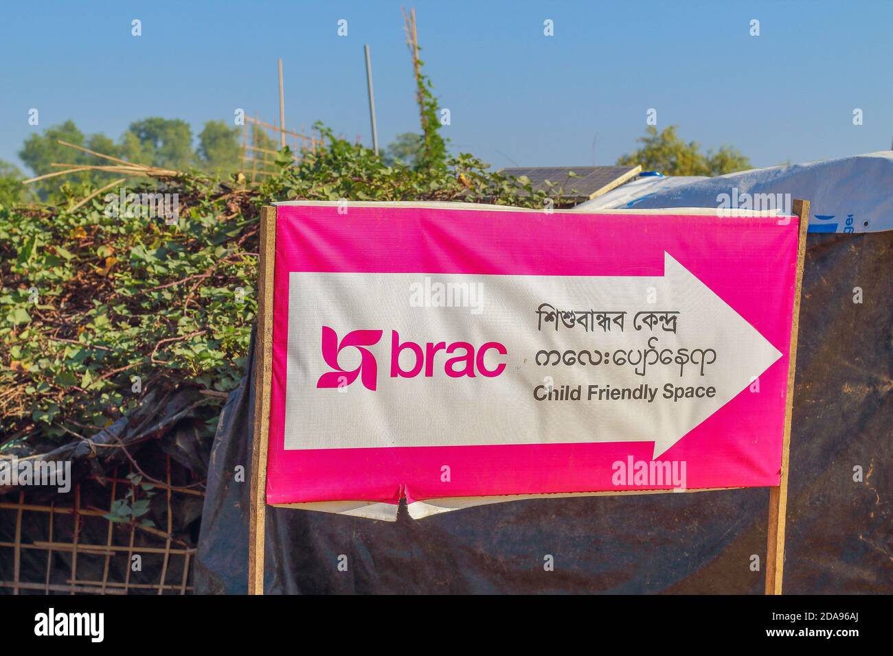 COX'S BAZAR, BANGLADESH - NOVEMBER 25, 2017: Signboard in Rohingya refugee camp. Stock Photo