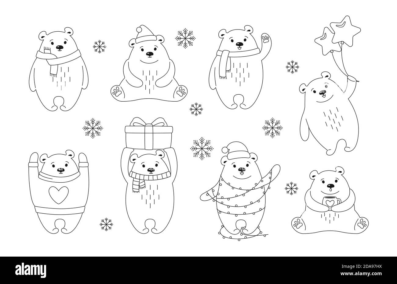 Christmas polar bear cartoon outline set. New Year animal mammals with  santa hat, gift or garland.