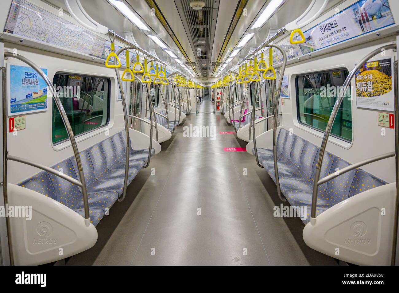 Seoul, South Korea-November 2020: Inside the Train at the Underground Seoul Subway Line 9. Stock Photo