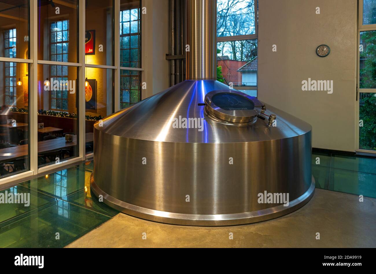 Stainless steel beer tank in the beer brewery of the Halve Maan (Half Moon), Bruges, Belgium. Stock Photo