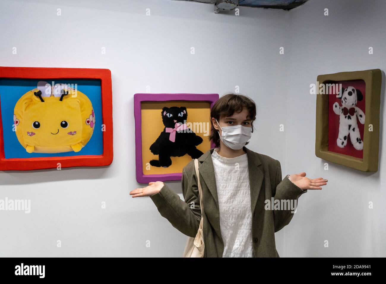 NEW YORK, NY - NOVEMBER 11, 2020: Artist Stefany Lazar attends her show "Stuffed Animals and Princess Peach" at Love gallery in New York City. Stock Photo