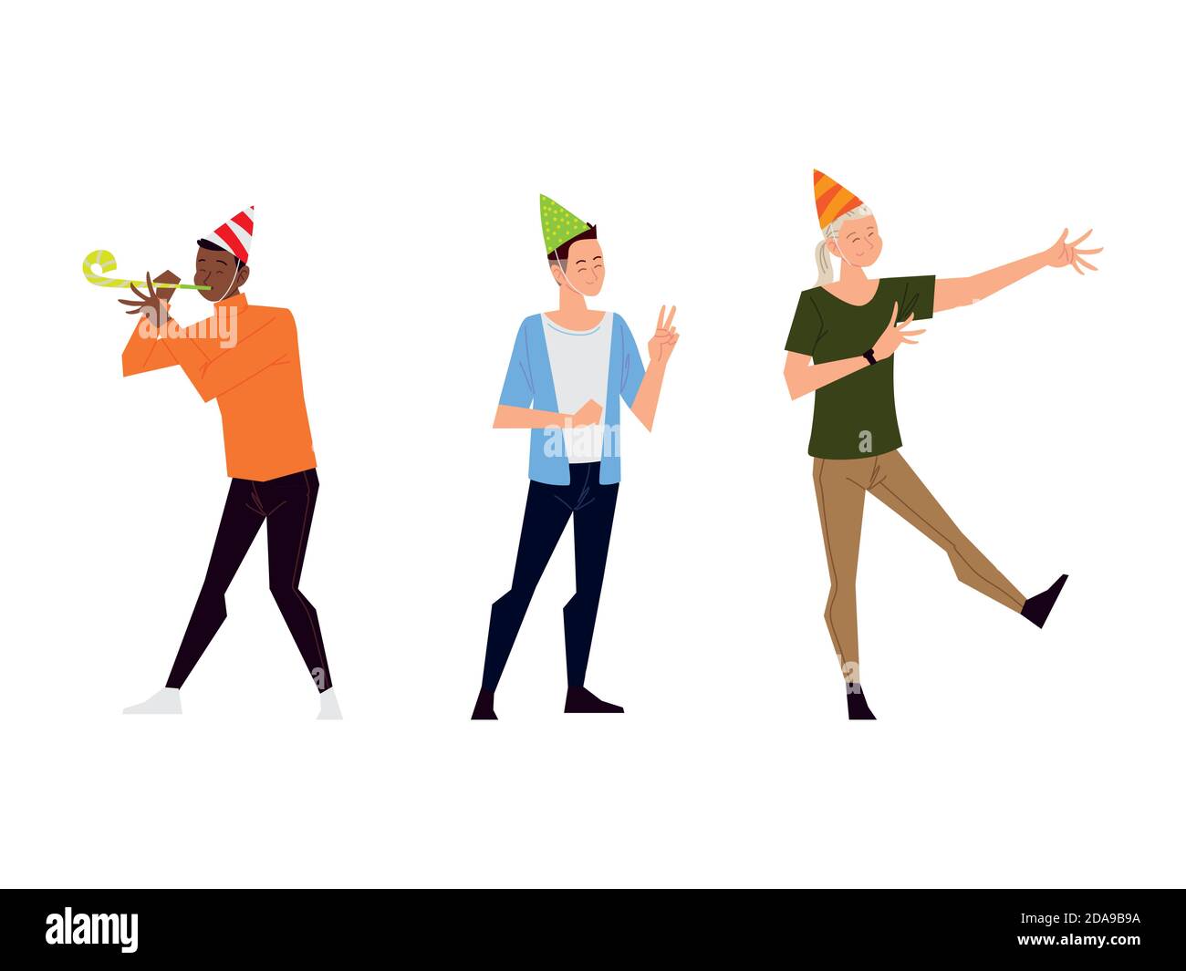 group young men and woman with party hats celebrating dancing vector ...