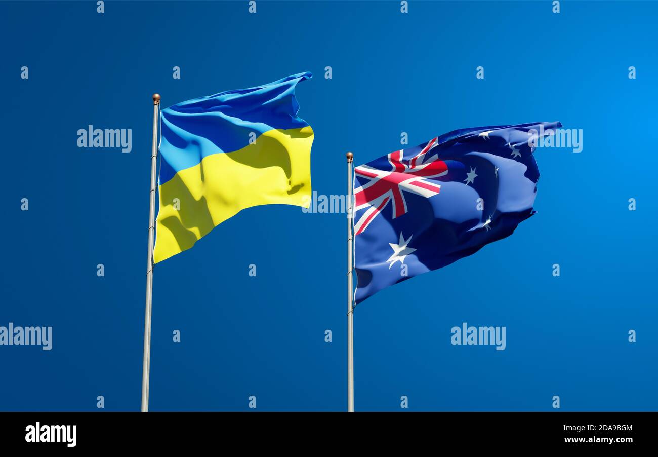 Beautiful national state flags of Ukraine and Australia together at the sky background. 3D artwork concept. Stock Photo