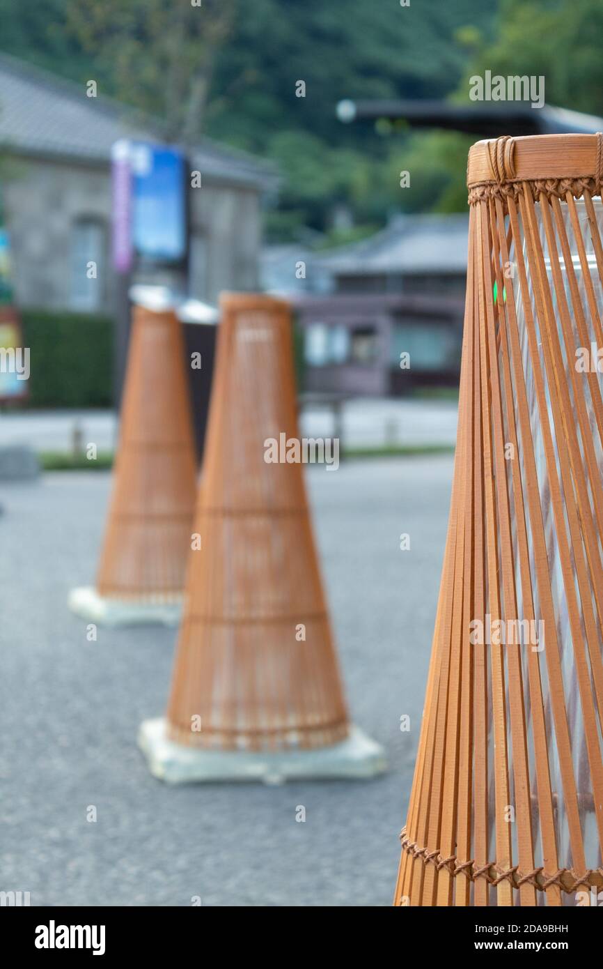 Unique bamboo traffic cones in Kagoshima Japan Stock Photo