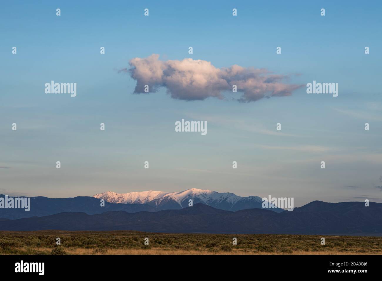 A cloud floats above the southern end of the Lemhi Range in the foreground and the snow-capped Lost River Range in Idaho during a late spring morning. Stock Photo