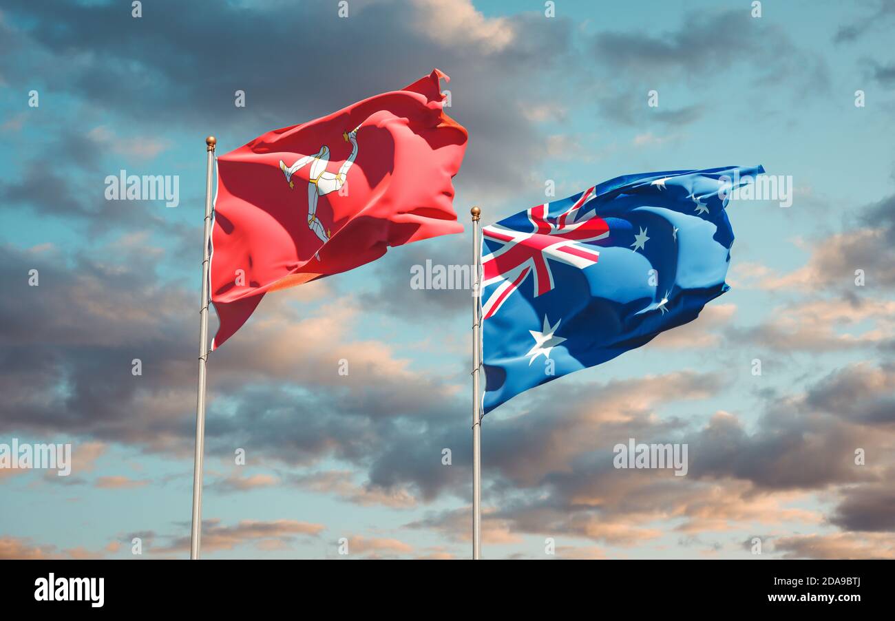 Beautiful national state flags of Isle of Mann and Australia together at the sky background. 3D artwork concept. Stock Photo