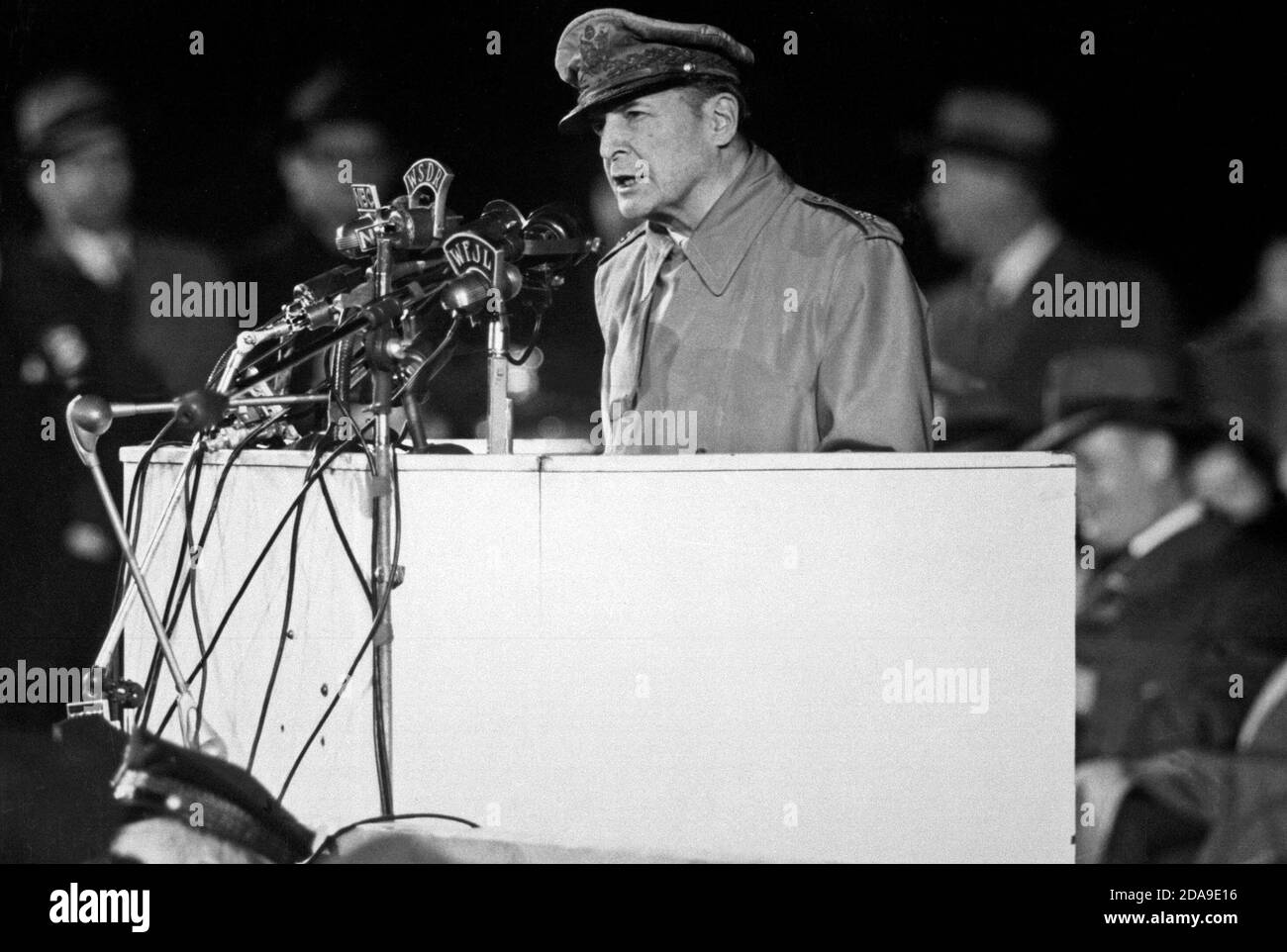 General Douglas MacArthur addressing an audience of 50,000 at Soldier's Field, Chicago, on his first visit to the United States in 14 years Stock Photo